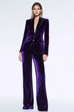 Dark Purple Velvet Peak Lapel 2 Piece Business Suits With Pockets