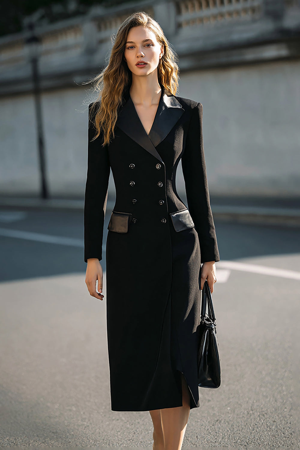 Long Sleeve Black Midi Blazer Dress Passetery Long-Sleeve V-Neck