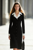 Black and White Single Breasted Midi Work Dress With Sleeves