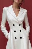 Ivory Satin Double Breasted Notched Lapel Midi Work Dress
