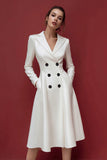 Ivory Satin Double Breasted Notched Lapel Midi Work Dress