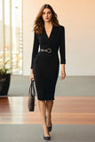 Black Lapel Midi Pencil Work Dress With Belt