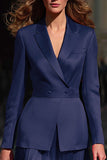 Navy Notched Lapel 2 Piece Midi Work Dress With Belt