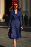 Navy Notched Lapel 2 Piece Midi Work Dress With Belt