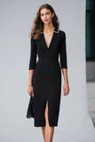Black V Neck Pencil Midi Work Dress With Slit