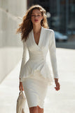 Shawl Lapel Single Breasted Bodycon Ivory Work Dress With Ruffles
