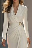 Ivory Ruched Pencil Shawl Lapel Work Dress With Slit