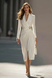 Ivory Ruched Pencil Shawl Lapel Work Dress With Slit