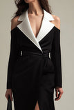 Sheath Notched Lapel Black and White Work Dress With Slit