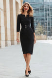 Black Midi Pencil Business Dress With 3/4 Sleeves