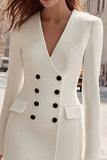Ivory Double Breasted V Neck Sheath Midi Work Dress
