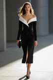 Off The Shoulder Black and White Pencil Work Dress With Slit