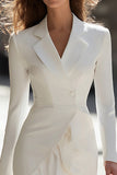 Ivory Notched Lapel Long Sleeve Bodycon Work Dress