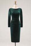 Dark Green Sheath Velvet Ruched Midi Work Dress with Long Sleeve