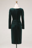 Dark Green Sheath Velvet Ruched Midi Work Dress with Long Sleeve