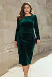 Dark Green Sheath Velvet Ruched Midi Work Dress with Long Sleeve