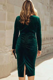 Dark Green Sheath Velvet Ruched Midi Work Dress with Long Sleeve