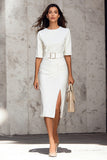 Ivory Sheath Midi Work Dress With Belt