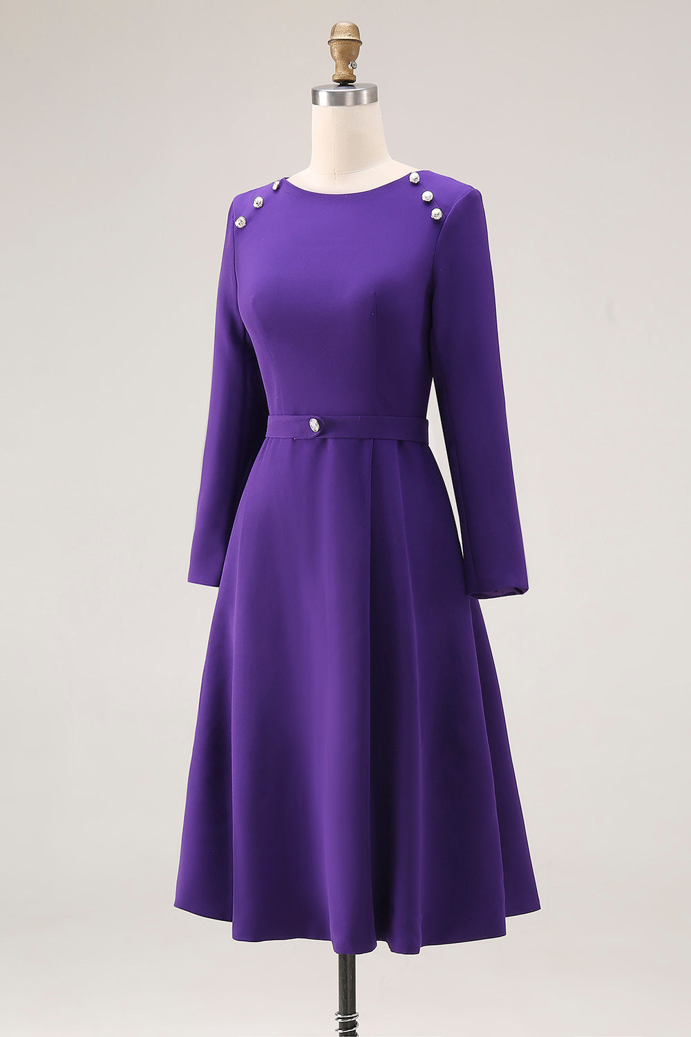Zapaka Women Purple Work Dress A Line Boat Neck Long Sleeve Midi Semi ...