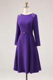 Purple A Line Boat Neck Long Sleeve Work Dress