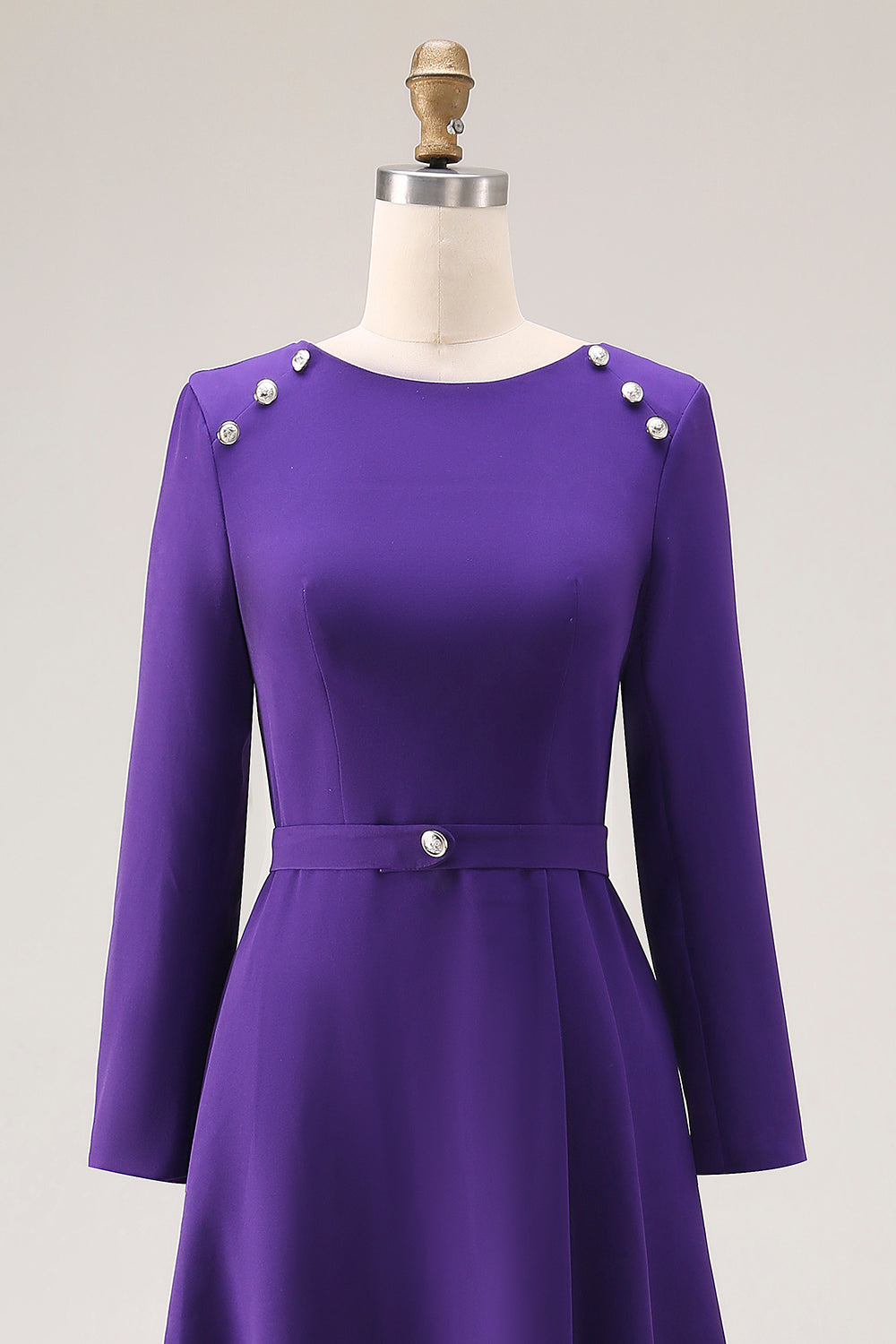 Zapaka Women Purple Work Dress A Line Boat Neck Long Sleeve Midi Semi ...