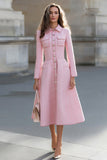 Pink Single-breasted A Line Long Sleeve Work Dress