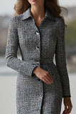 Grey Sheath Long Sleeve Single-breasted Work Dress