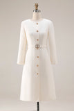 Ivory Sheath Long Sleeves Tweed Midi Work Dress with Belt