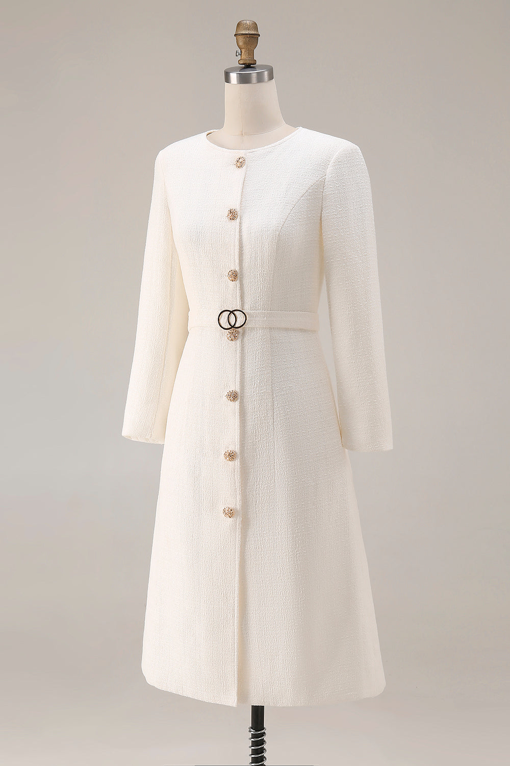 Zapaka Women Ivory Work Dress with Belt A Line Round Neck Single-Breasted Semi Formal Dress, Ivory / XL