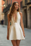 Ivory Tweed A Line V-Neck Short Cocktail Dress