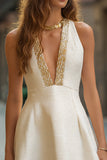 Ivory Tweed A Line V-Neck Short Cocktail Dress