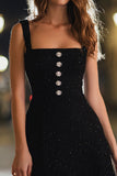 Black A Line Square Neck Tweed Buttons Short Cocktail Dress