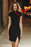 Black Satin Tight High Neck Short Cocktail Dress With Sleeves