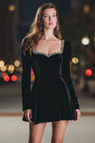 Sparkly Black A Line Velvet Short Cocktail Dress With Beading