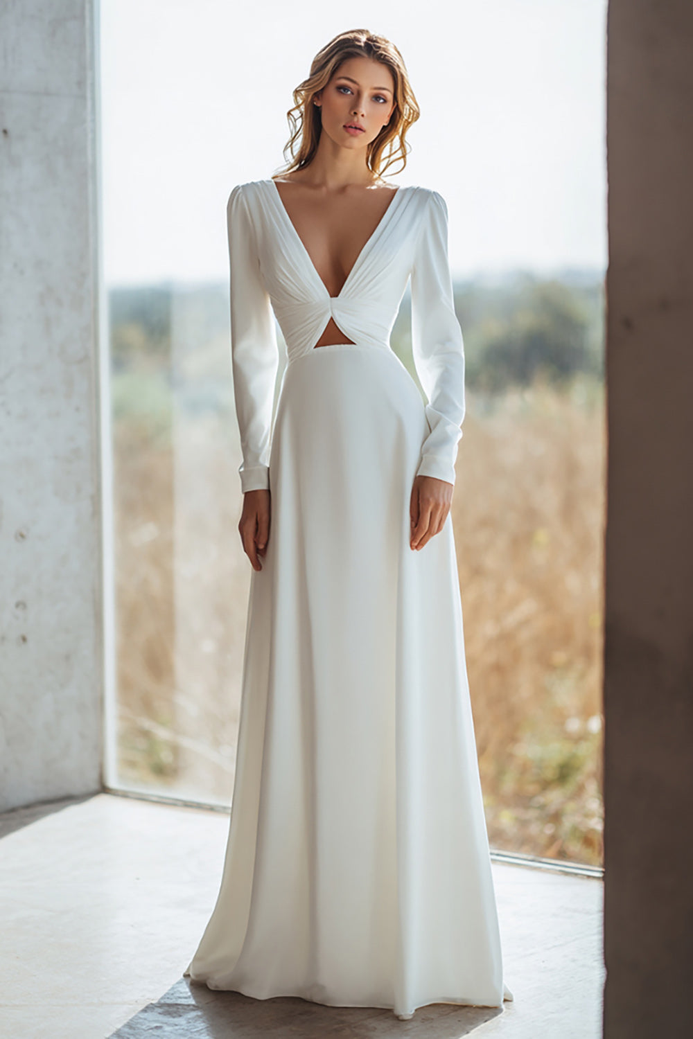 Zapaka Women Ivory Wedding Dress Cut Out A Line Long Sleeve Bridal Dress, Ivory / US16W Zapaka Women Ivory Wedding Dress Cut Out A Line Long Sleeve Bridal Dress, Ivory / US16W