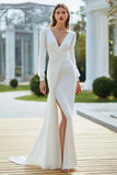 Ivory V-Neck Sheath Long Sleeves Wedding Dress with Sash