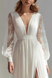 Ivory V-Neck A Line Long Sleeves Wedding Dress with Slit