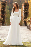 Ivory A Line Square Neck Long Sleeve Wedding Dress
