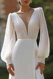 Sparkly V-Neck Long Sleeve Wedding Dress
