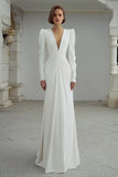 Ivory V-Neck Ruched Sheath Long Sleeve Wedding Dress