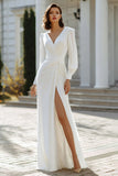 Ivory Ruched Long Sleeve A Line Wedding Dress