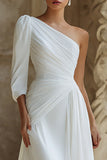 One Shoulder A Line Ruched Ivory Wedding Dress