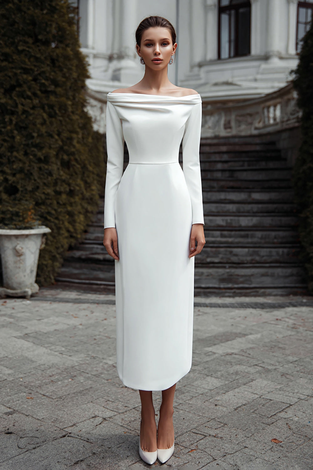 ZAPAKA Women Ivory Engagement Dress Long Sleeve Sheath Bateau Neck Satin Bachelorette Dress ZAPAKA Women Ivory Engagement Dress Long Sleeve Sheath Bateau Neck Satin Bachelorette Dress