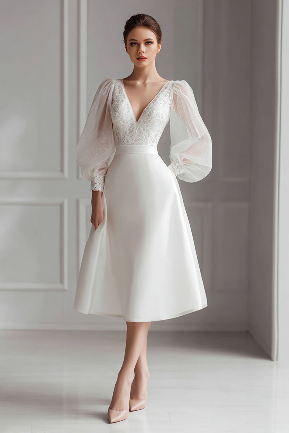 ZAPAKA Women Ivory Lace Engagement Dress V Neck Long Sleeve A Line Midi Bachelorette Dress, Ivory / US10 ZAPAKA Women Ivory Lace Engagement Dress V Neck Long Sleeve A Line Midi Bachelorette Dress, Ivory / US10