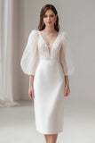Ivory Sheath V Neck Satin Engagement Dress