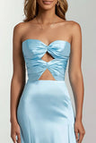 Sky Blue Mermaid Cut Out Satin Strapless Formal Dress