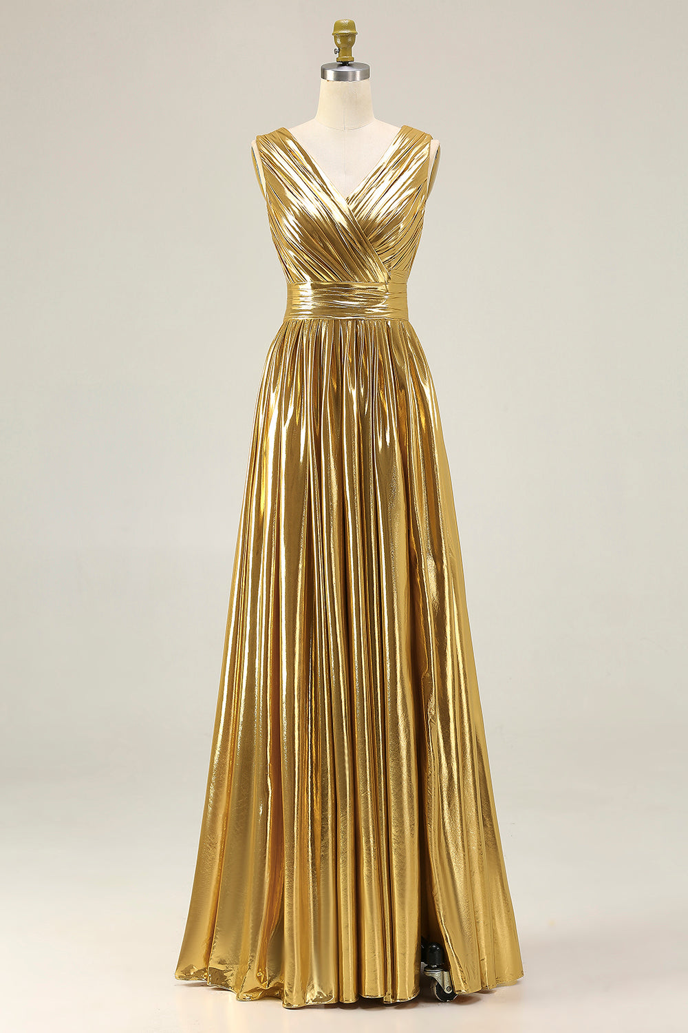 Zapaka Women Gold A-Line Formal Dress Metallic V-Neck Long Evening Dress with Slit, Gold / US20W Zapaka Women Gold A-Line Formal Dress Metallic V-Neck Long Evening Dress with Slit, Gold / US20W