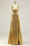 Metallic Gold V-Neck A-Line Long Formal Dress With Slit