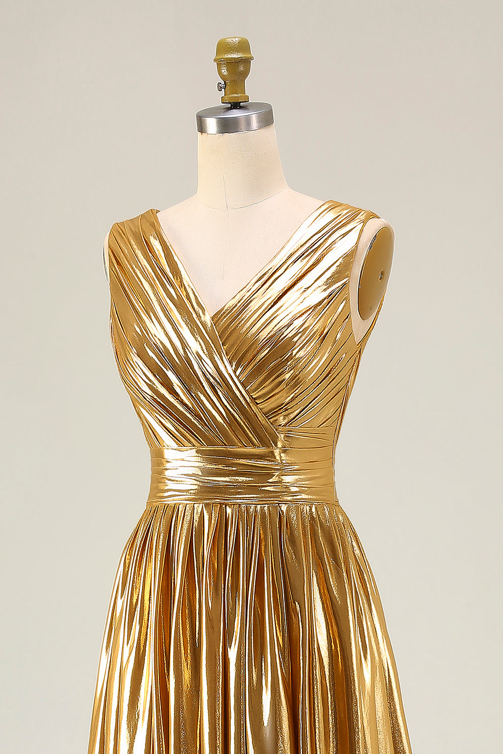 Zapaka Women Gold A-Line Formal Dress Metallic V-Neck Long Evening Dress with Slit, Gold / US18W Zapaka Women Gold A-Line Formal Dress Metallic V-Neck Long Evening Dress with Slit, Gold / US18W