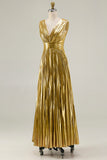 Gold A-Line Metallic Pleated V-Neck Formal Dress